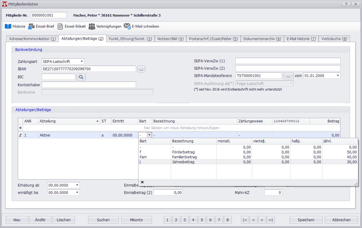 Screenshot: Beitragsverwaltung für Heimatvereine in SPG-Verein 4