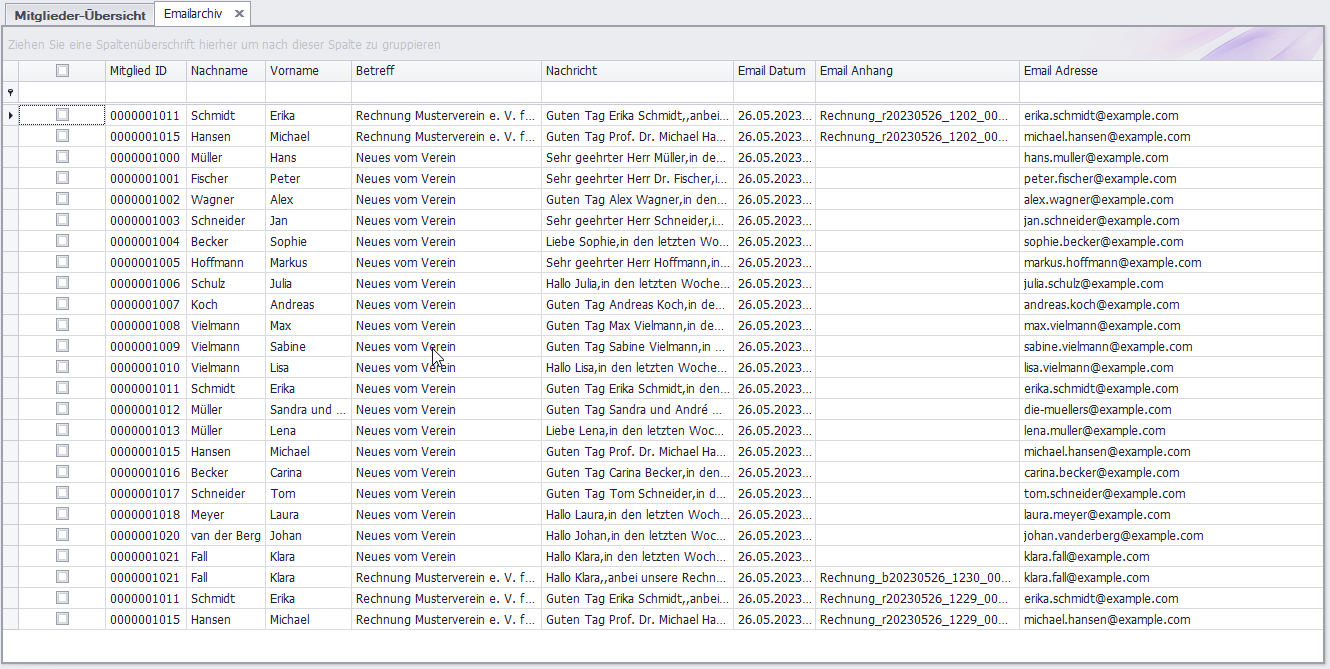 Screenshot: E-Mail-Archiv mit Versandhistorie in SPG-Verein