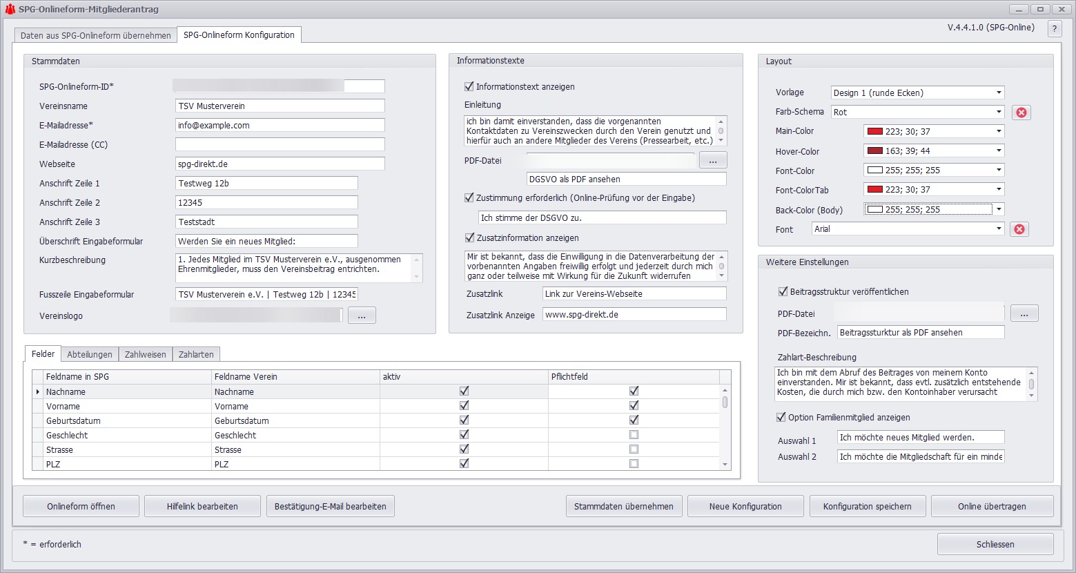 Konfiguration der SPG-Onlineform mit Layout-Einstellungen