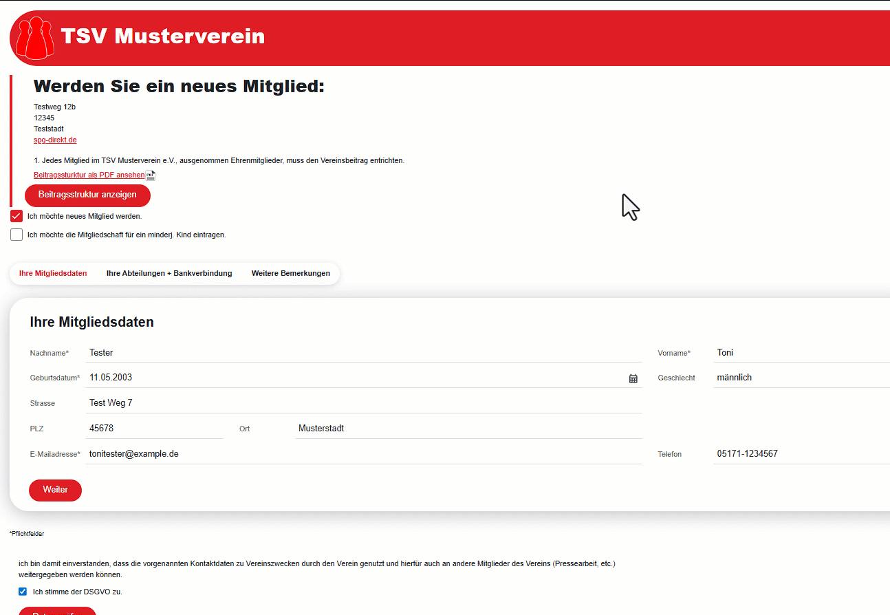 SPG-Onlineform-Mitgliederantrag mit Vereinslogo