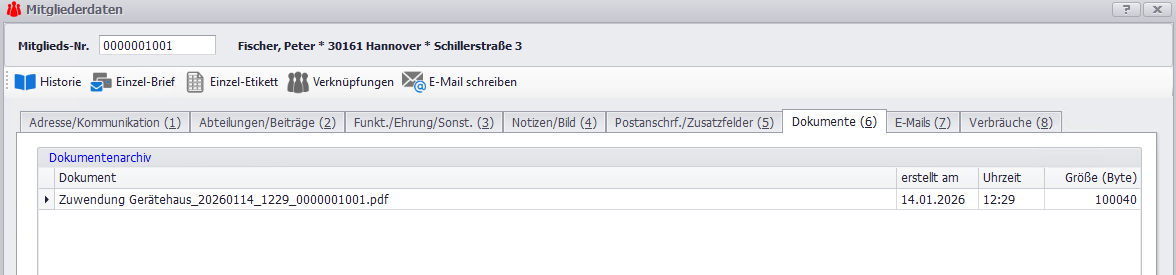 Dokumentenarchiv eines Mitglieds mit abgelegter Zuwendungsbestätigung