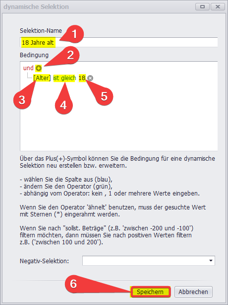 Selektionsbedingung Alter ist gleich 18