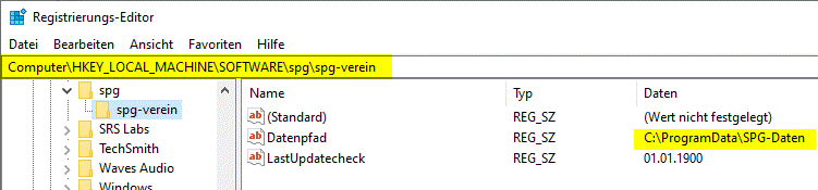 Datenpfad-Eintrag in der Windows-Registry