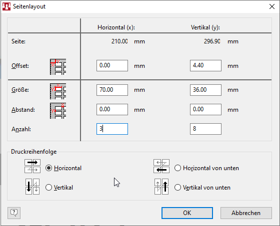 Fenster Seitenlayout mit Etikettengröße
