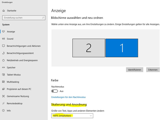 Windows-Anzeigeeinstellungen mit Skalierung