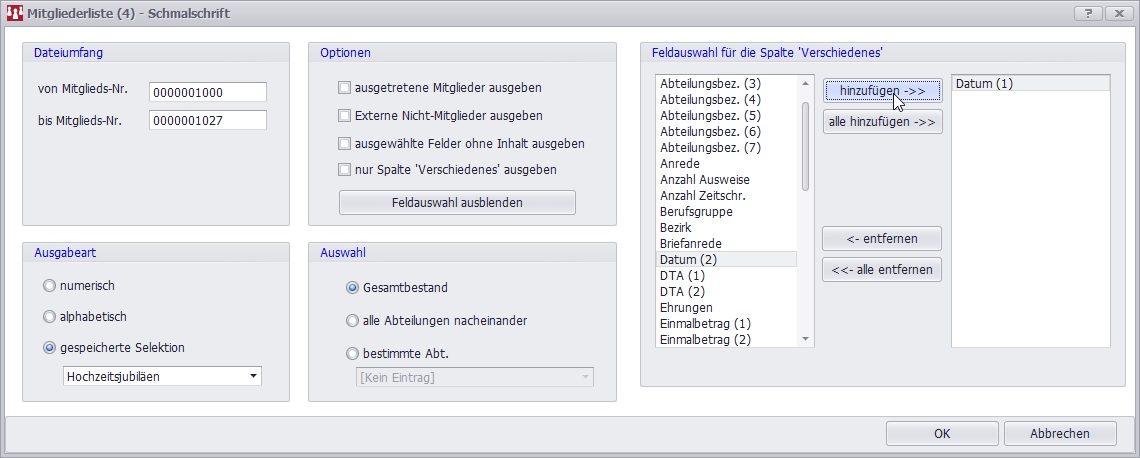 Mitgliederliste Schmalschrift auswählen