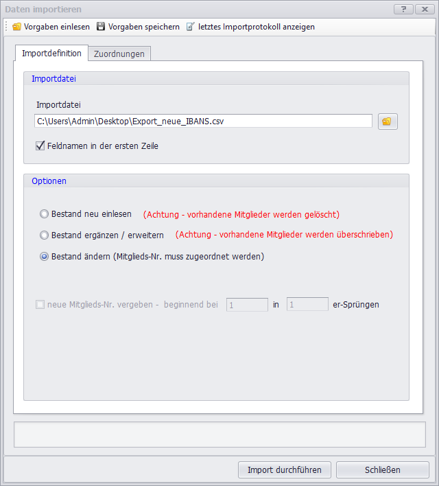 Daten importieren mit Option Bestand ändern