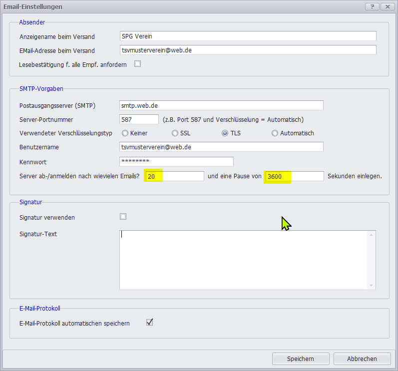 Versand-Einstellungen für Provider-Begrenzungen