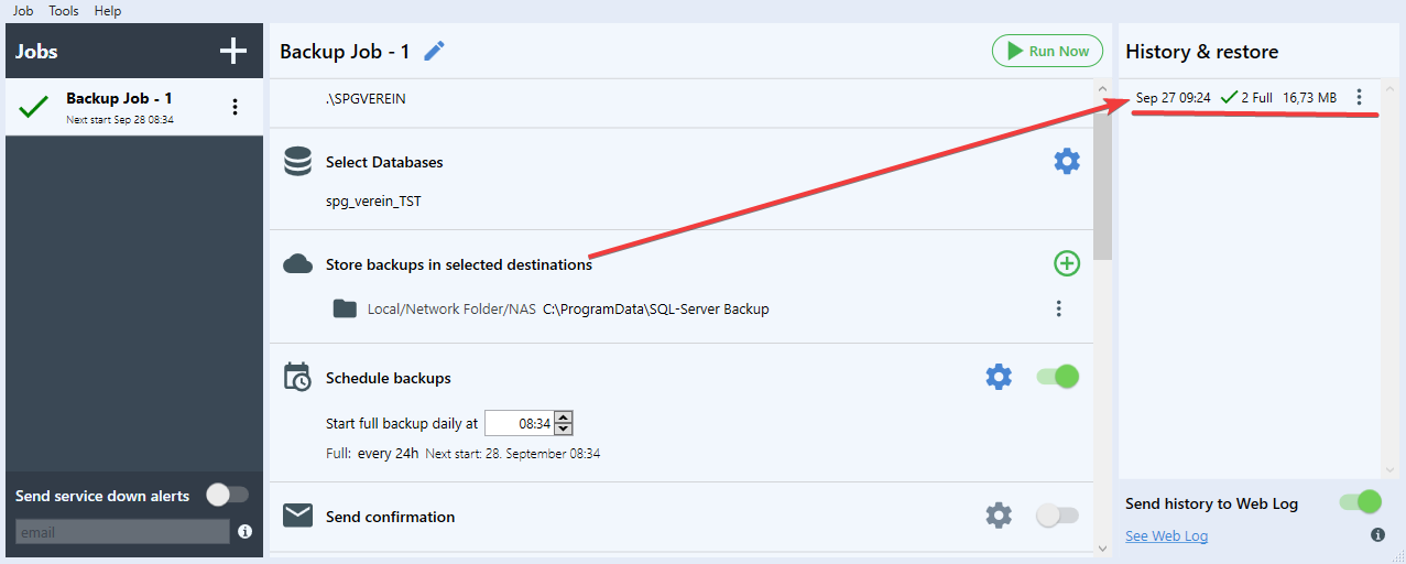 SQLBackupAndFTP: Backup in der rechten Spalte auswählen
