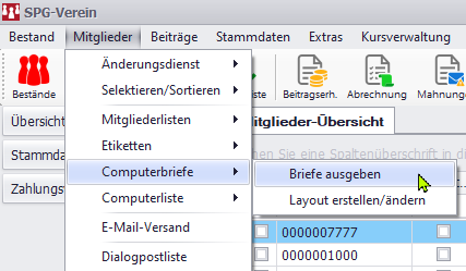 Menüpunkt Briefe ausgeben