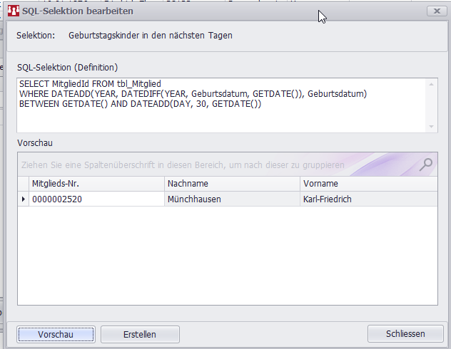 SQL-Befehl eingeben und Vorschau testen
